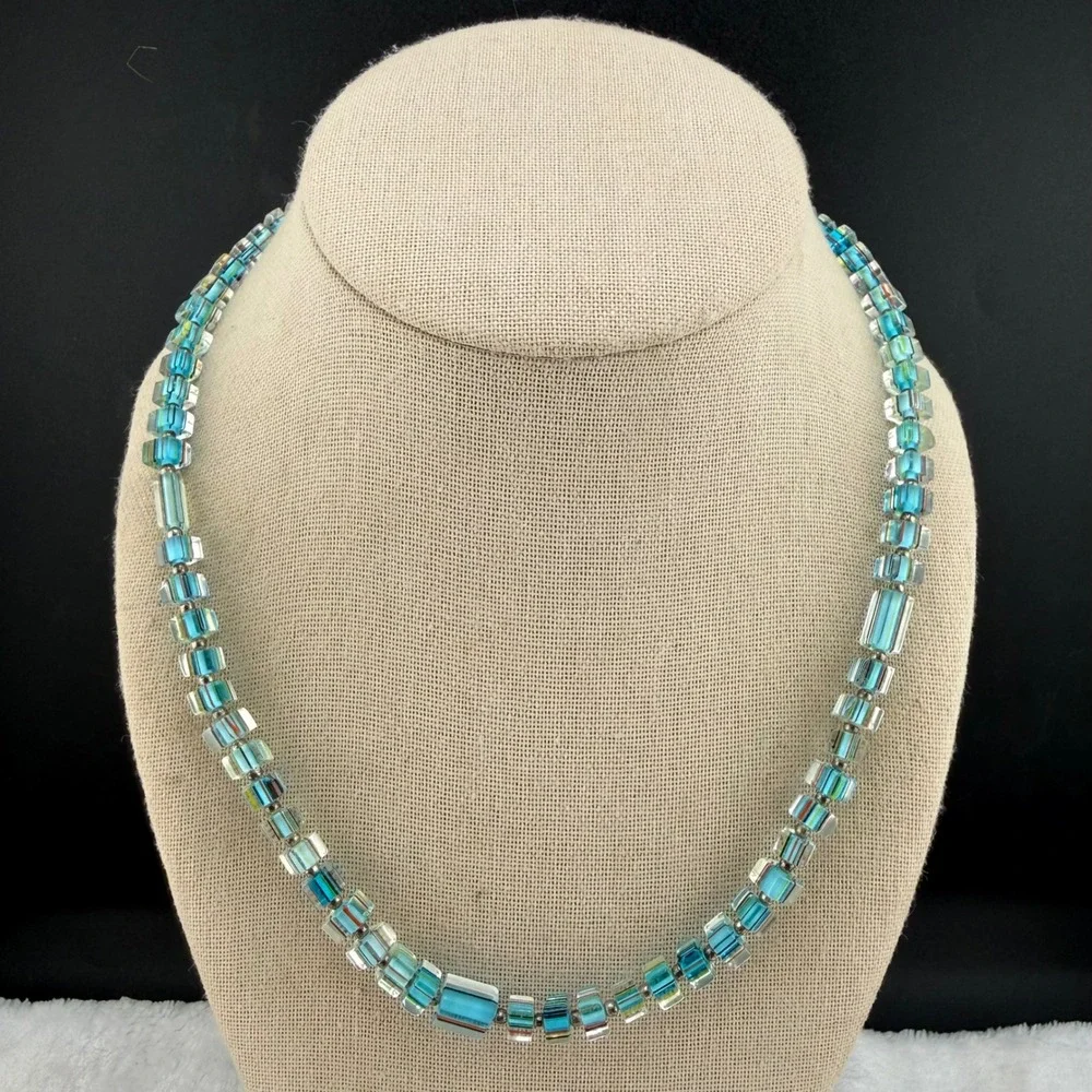 Vintage Handmade Necklace Blue Striped Glass Beaded Square Boho 18